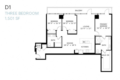 Floor plan for 3 beds, 2 baths, 1501 sqft